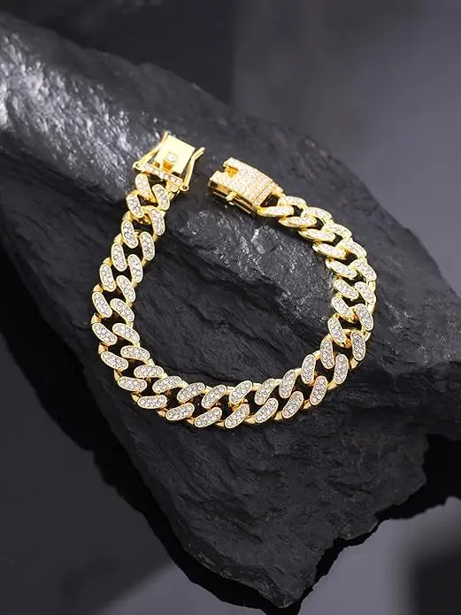 [A2] 18K Gold Plated Stainless Steel Crystal Curb Chain Bracelet