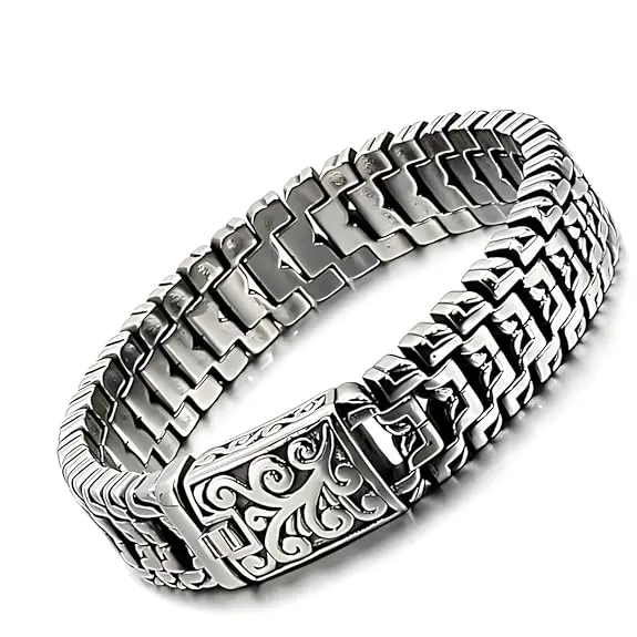 [A5]  Pure Titanium Stainless Steel Bracelet-14mm, Silver Chain Bracelet for Men & Boy (8inch)