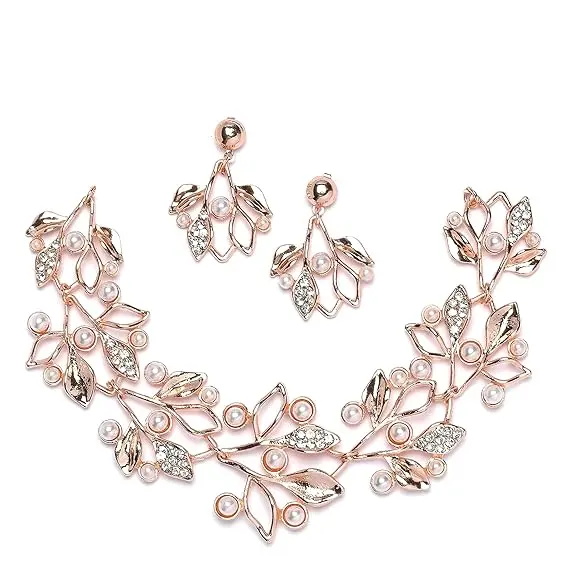 [A10] Oxidised 925 Silver-Plated Cubic Zirconia & White Pearls Studded Leaf Shaped Necklace With Earrings.