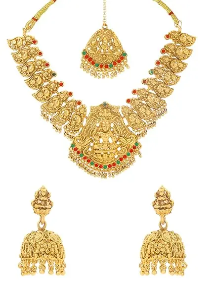 [A15] Jewellery Set for Women 24KT Gold Plated Traditional Temple Jewelry Set Antique Necklace Set with Earring