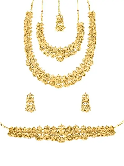 [A16]  Jewellery Set for Women 24KT Gold Plated Temple Bridal Choker Necklace with Long Necklace Kamarbandh and Earrings 