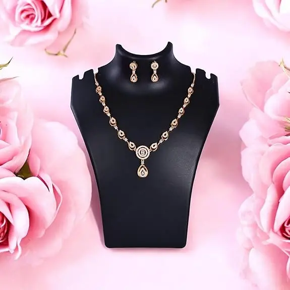 [A17]  Stylish 18k Rose Gold Plated American Diamond Chain Pendent Necklace & Earrings Set for Women | Luxury AD Pendant Gift Set for Women 
