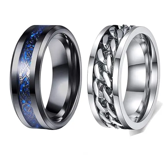 [A18] Stainless Steel Ring In Silver/Black Polish Combo for Boys and Men Jewellery