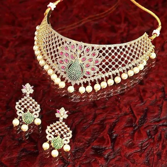 [A23] 24KT Gold Plated White & Red American Diamond Studded With Drop Pearl Beaded Jewellery Set 