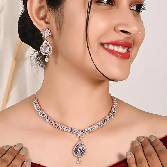 [A24]  Brass Rose Gold and American Diamond Necklace Pendant Set With Earrings