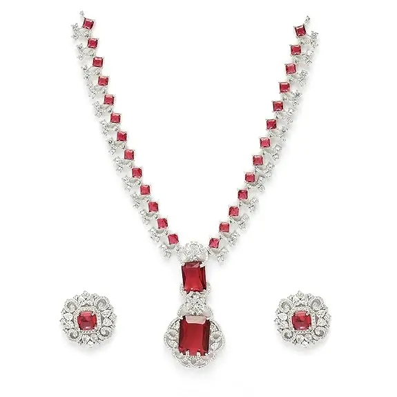 [A25] Rhodium Plated Silver Toned Brass Royale Celebrity Inspired Green American Diamond Cystal Jewellery Set For Women & Girls (Red)